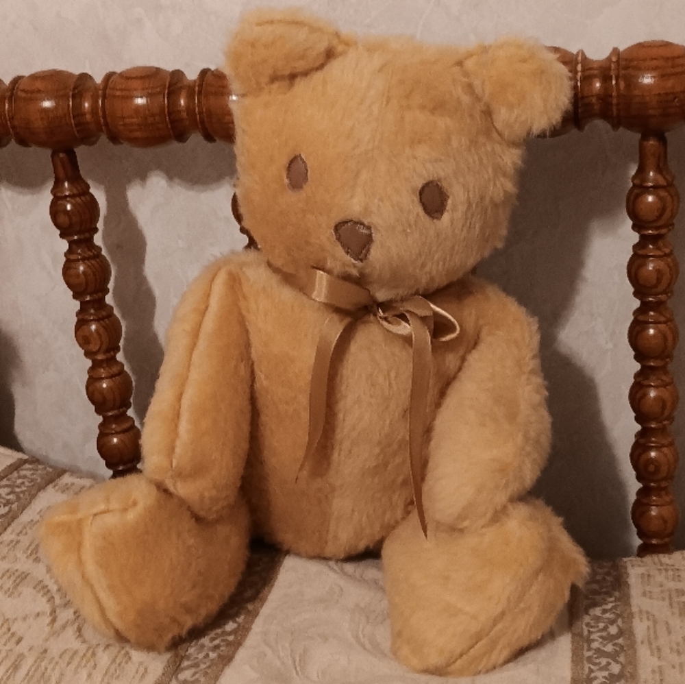 Soft Beige Fur Bear with Gold Ribbon